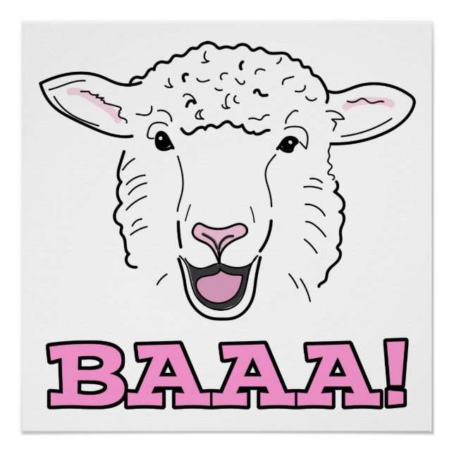 Cute Smiling White Sheep Face Illustration Baaa! Poster (Front)