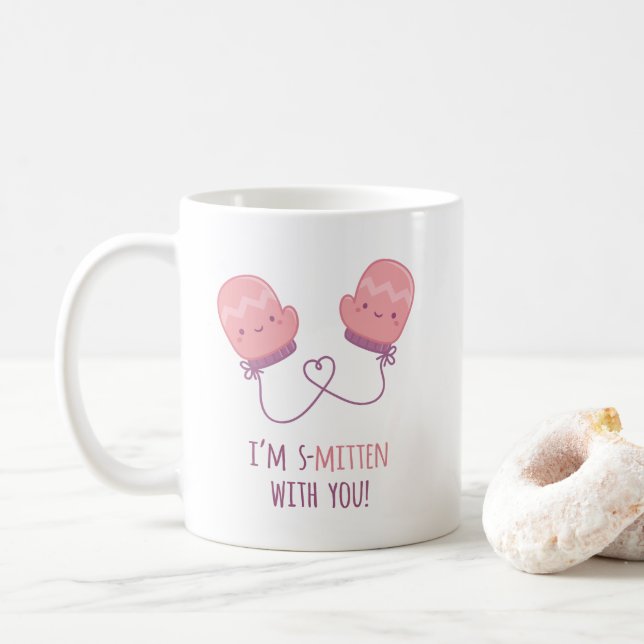 Cute Smitten With You Mitten Love Pun Coffee Mug (With Donut)