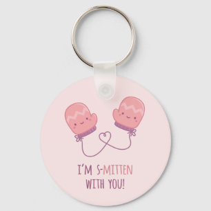 Cute Smitten With You Mitten Pair In Love Pun Keychain