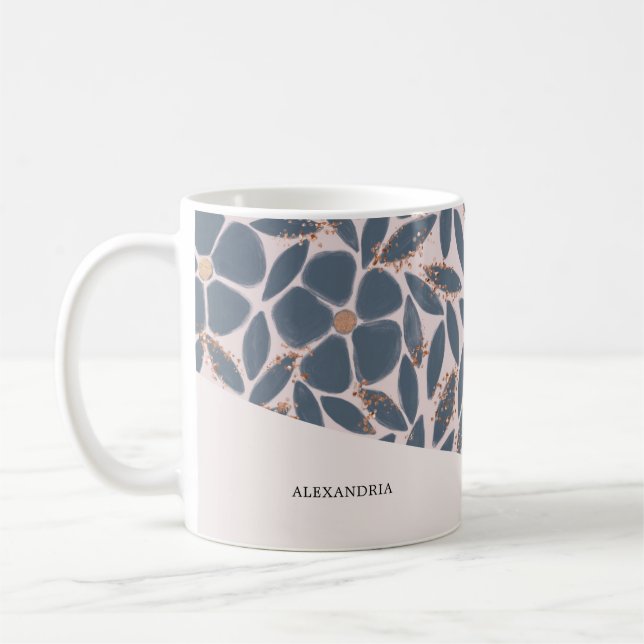 Cute Smokey Blue Pink Floral Rose Gold Glitter Mug (Left)