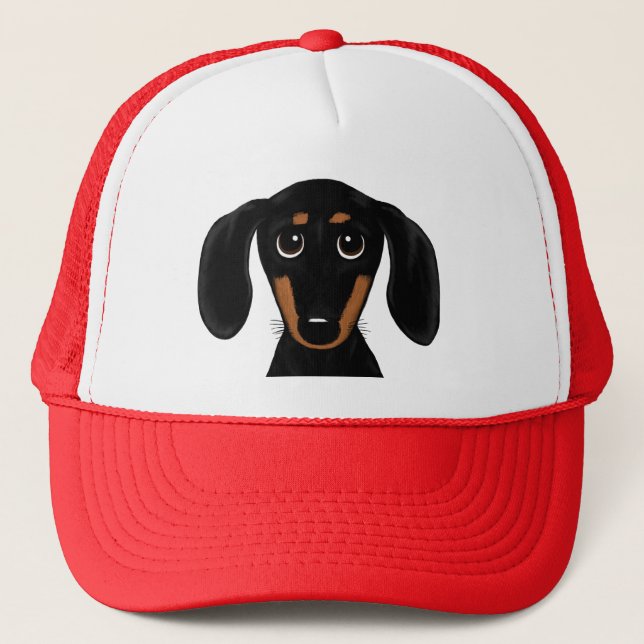 Cute Smooth Coated Black and Tan Dachshund Trucker Hat (Front)