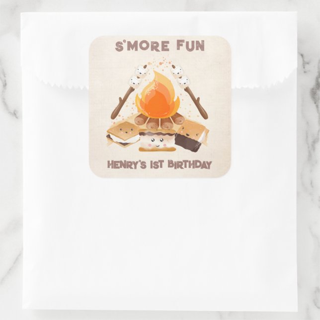 Cute S'more Campfire 1st Birthday Square Sticker  (Bag)