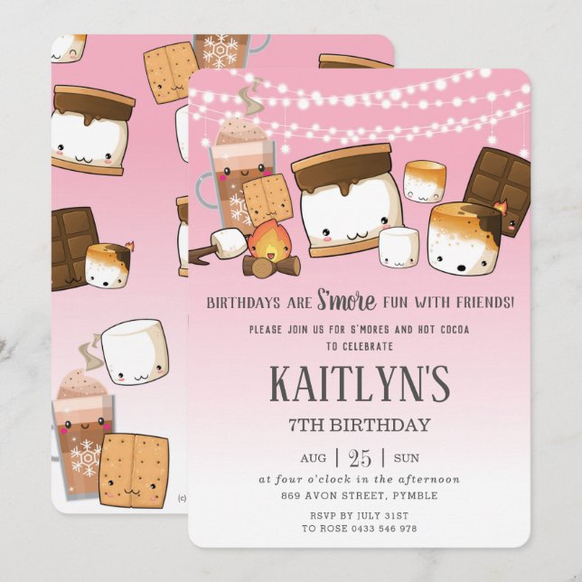 Cute S'mores Hot Cocoa Camping Bonfire Birthday  Invitation (Front/Back)