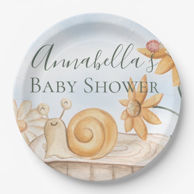 Cute Snail and Ladybug Garden Theme Baby Shower Paper Plate (Front)