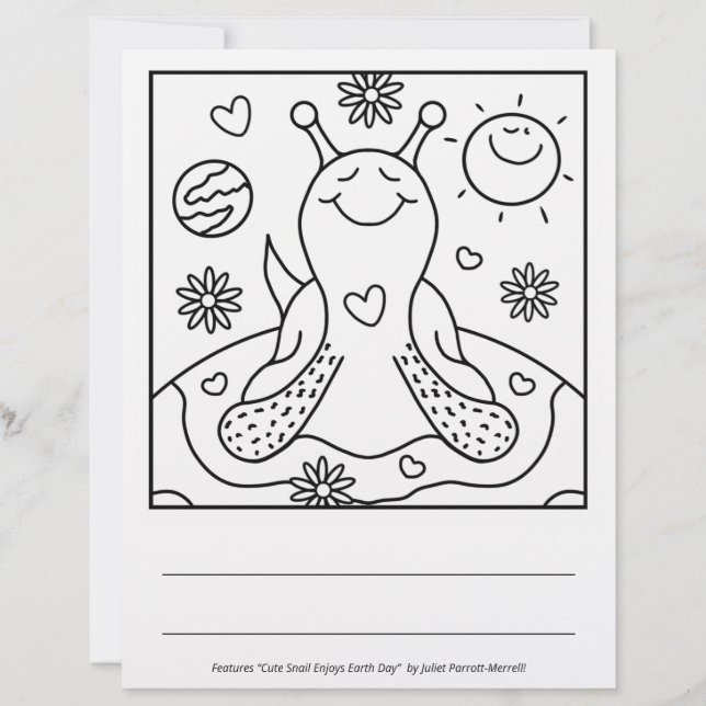 Cute Snail Enjoys Earth Day Colouring Page (Front)