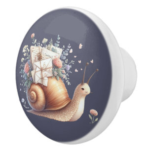 Cute Snail Mail Floral Pastel Illustration Ceramic Knob