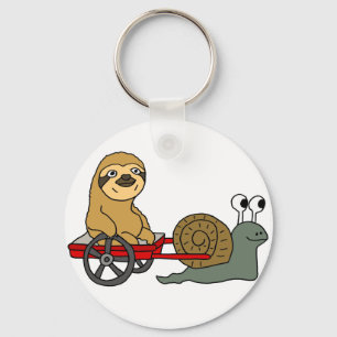 Cute Snail Pulling Sloth in Red Wagon Keychain