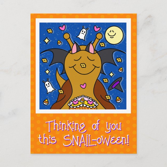Cute Snail With Bat Wings Happy Halloween Holiday Postcard (Front)