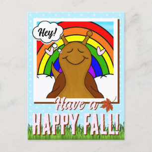 Cute Snail With Rainbow And Leaf Fall    Postcard