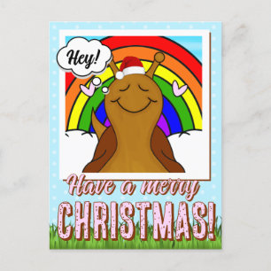 Cute Snail With Rainbow Merry Christmas   Holiday Postcard