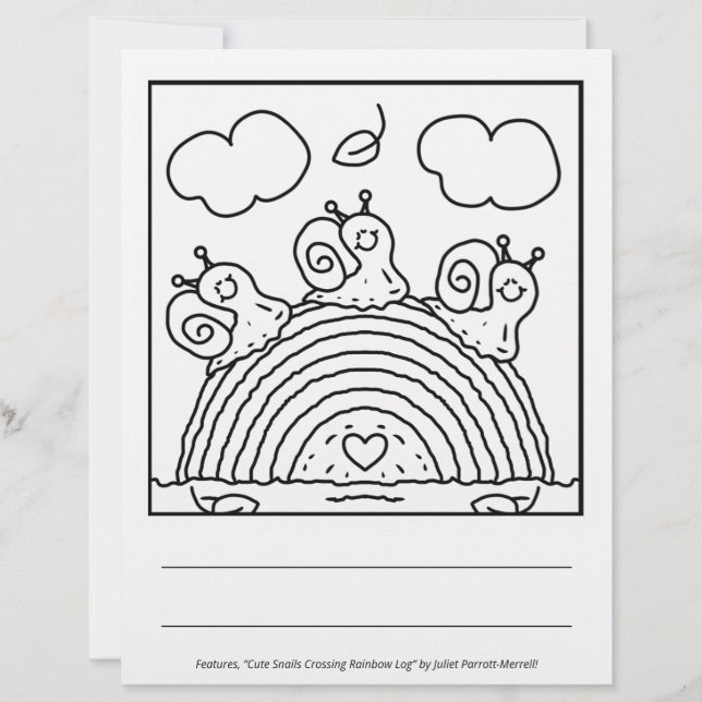 Cute Snails Crossing Rainbow Log Colouring Page (Front)