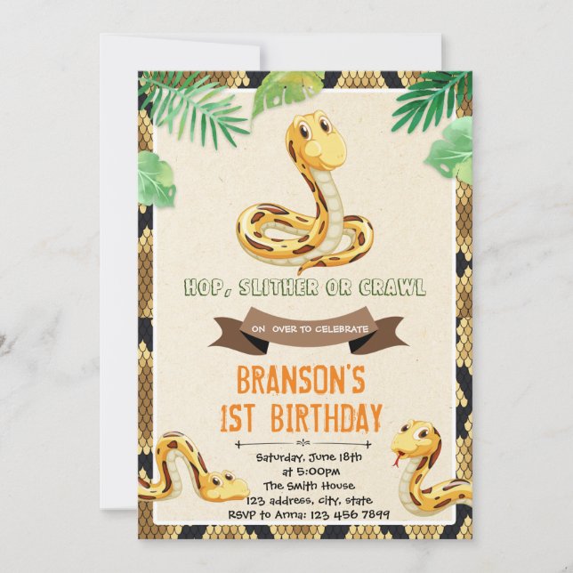 Cute snake reptile birthday party invitation (Front)