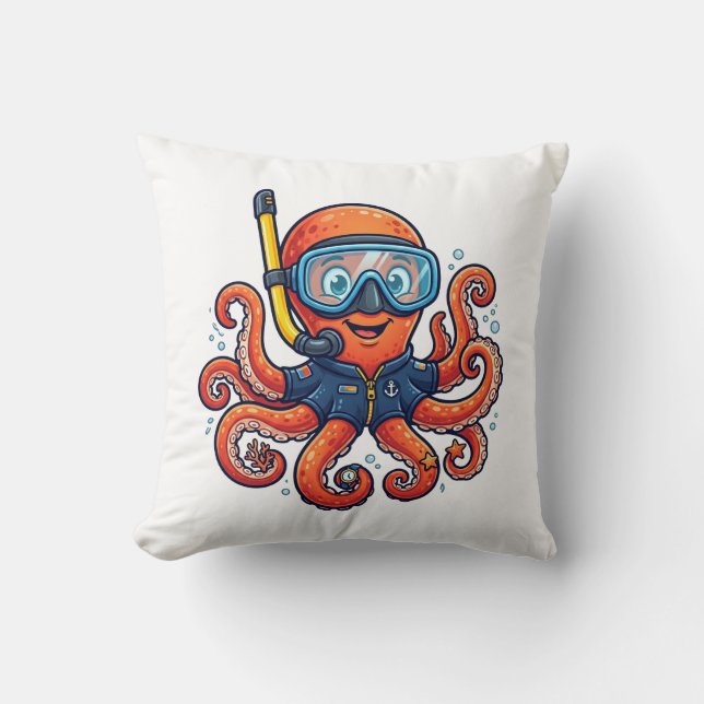 Cute Snorkeling Octopus - Ocean Explorer Throw Pillow (Front)
