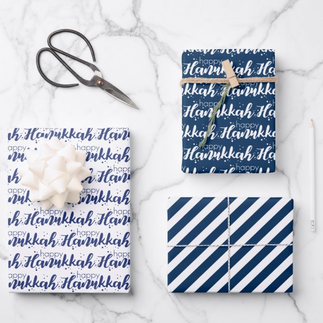 Cute Snow Bubbles & Stripes Happy Hanukkah Wrapping Paper Sheet (Front)