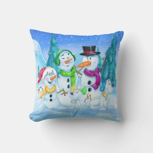 Cute snow family cartoon throw pillow (Front)