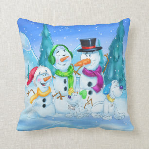 Cute snow family cartoon throw pillow
