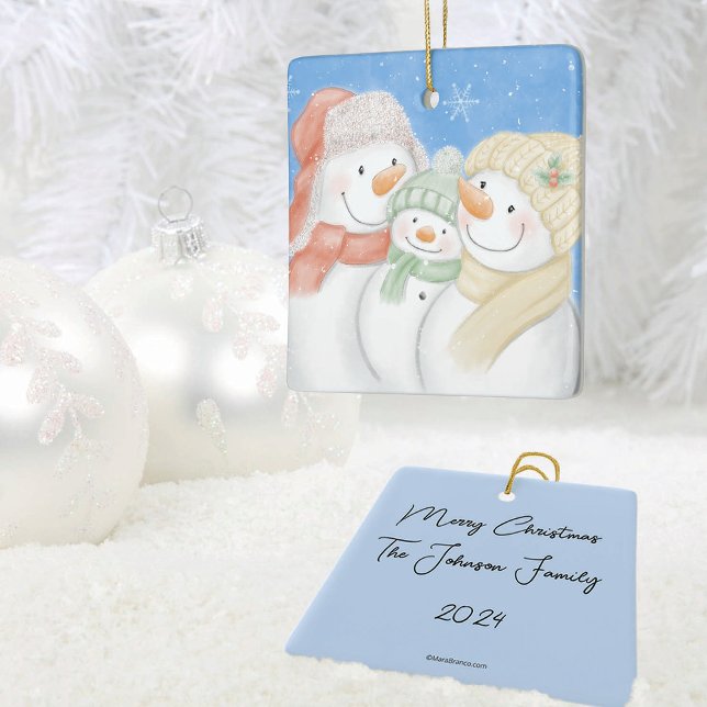 Cute Snow Family  Ceramic Ornament (Cute Snow Family Custom Christmas Ornament)
