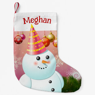 Cute Snow Lady With Pink Party Hat Small Christmas Stocking