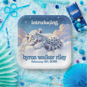Cute Snow Leopard Asleep on Clouds Baby Shower Paper Plate