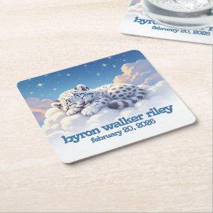 Cute Snow Leopard Asleep on Clouds Baby Shower Square Paper Coaster