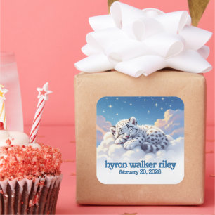Cute Snow Leopard Asleep on Clouds Baby Shower Square Sticker