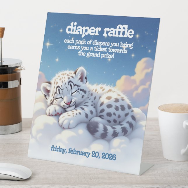 Cute Snow Leopard Asleep on Clouds Diaper Raffle Pedestal Sign (In SItu)
