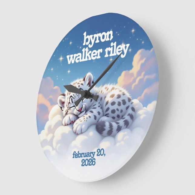 Cute Snow Leopard Asleep on Clouds Nursery Large Clock (Angle)