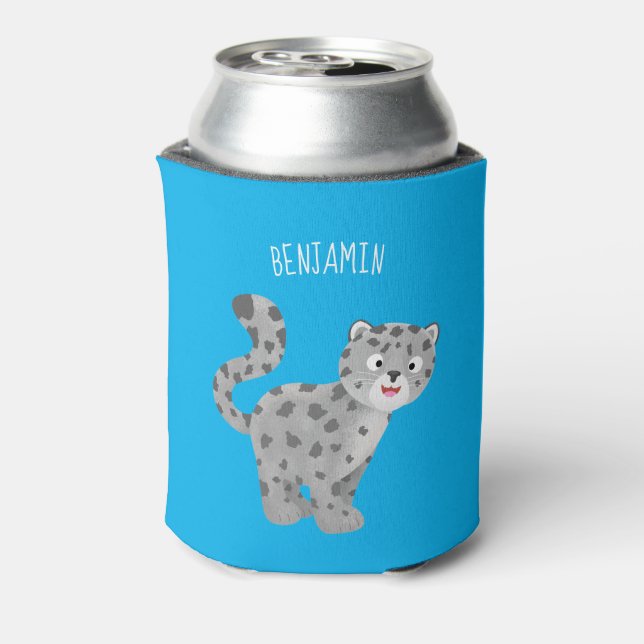 Cute snow leopard cartoon illustration can cooler (Can Back)