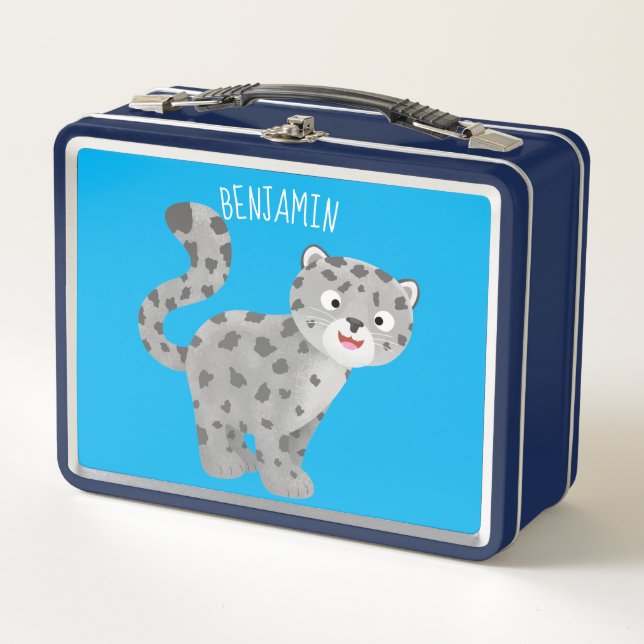 Cute snow leopard cartoon illustration metal lunch box (Front)
