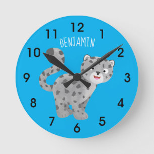 Cute snow leopard cartoon illustration round clock