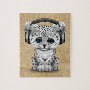 Cute Snow leopard Cub Dj Wearing Headphones Jigsaw Puzzle