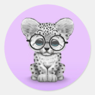 Cute Snow Leopard Cub Wearing Glasses on Purple Classic Round Sticker