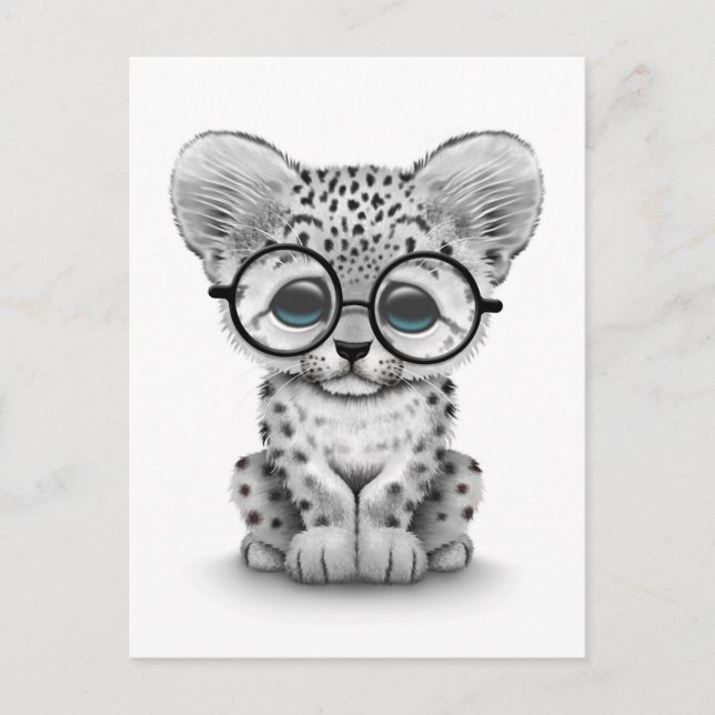 Cute Snow Leopard Cub Wearing Glasses on White Postcard (Front)