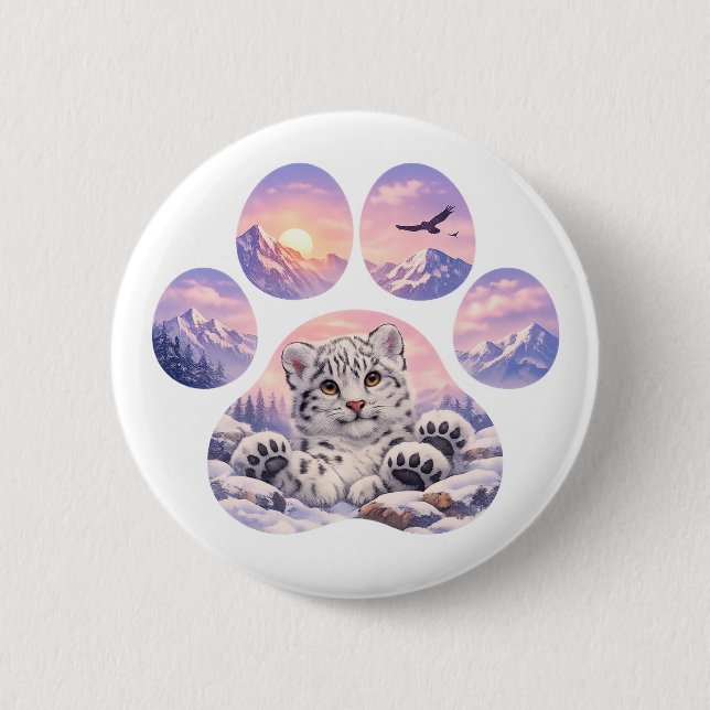 Cute Snow Leopard Paw Mountain Design 2 Inch Round Button (Front)