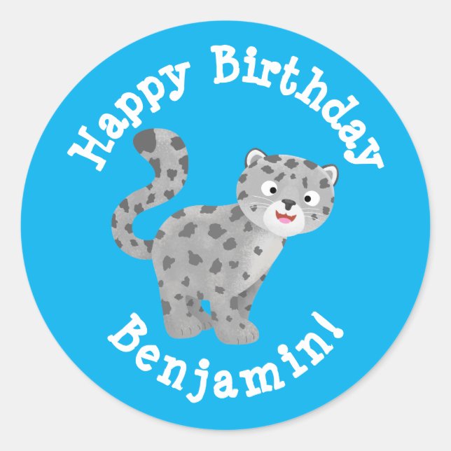 Cute snow leopard personalized cartoon birthday classic round sticker (Front)