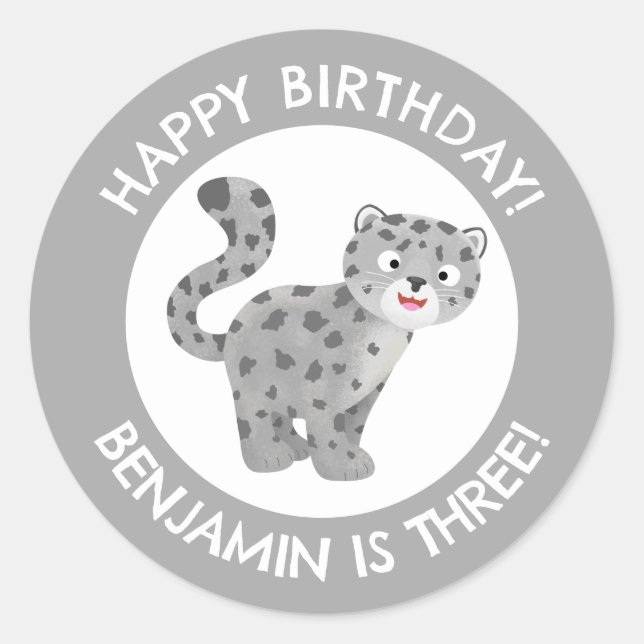Cute snow leopard personalized cartoon birthday classic round sticker (Front)