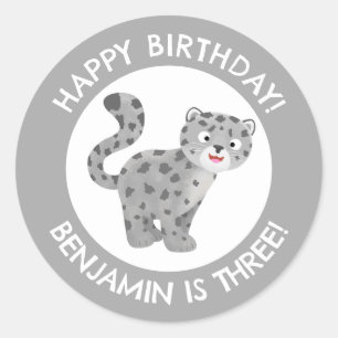 Cute snow leopard personalized cartoon birthday classic round sticker