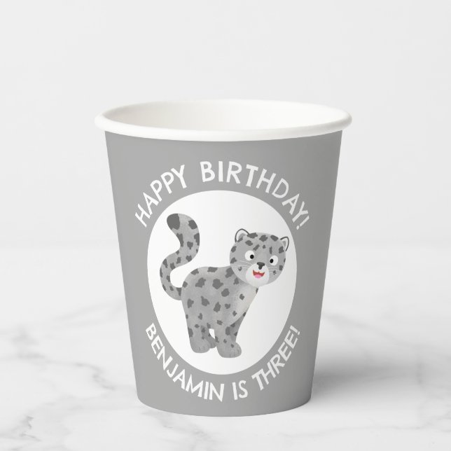 Cute snow leopard personalized cartoon birthday paper cups (Front)