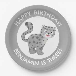 Cute snow leopard personalized cartoon birthday paper plate