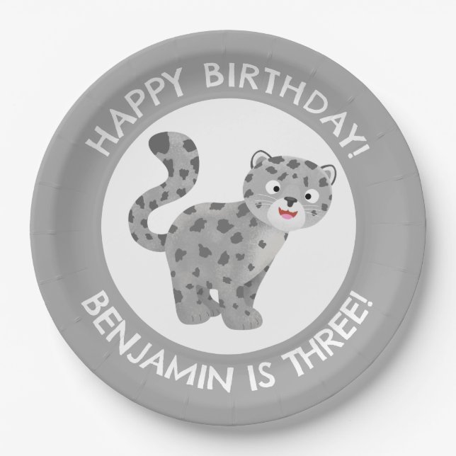 Cute snow leopard personalized cartoon birthday paper plate (Front)