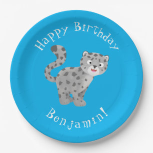 Cute snow leopard personalized cartoon birthday paper plate