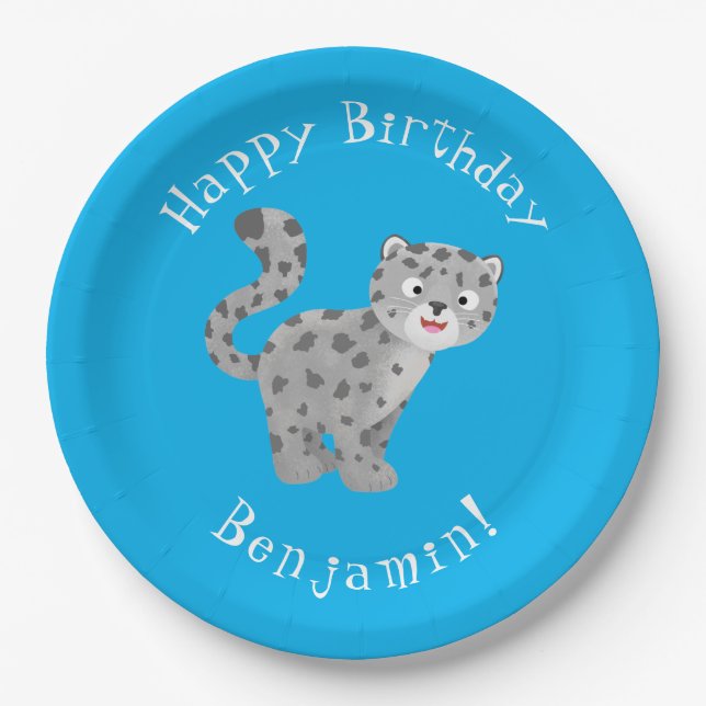Cute snow leopard personalized cartoon birthday paper plate (Front)