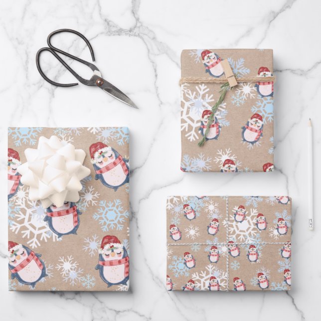 Cute Snow Penguins On Kraft Christmas Wrapping Paper Sheet (Front)