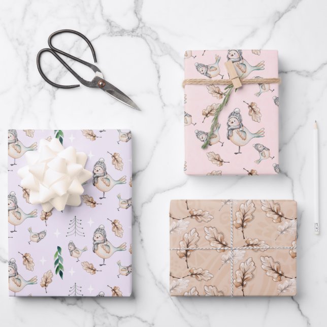 Cute Snow Sparrow Watercolour Hand-painted Wrapping Paper Sheet (Front)