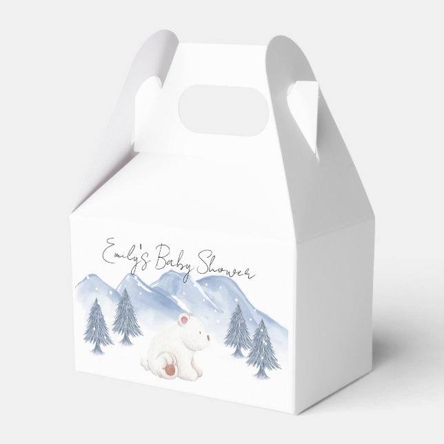 Cute Snow Winter Mountain Polar Bear Baby Shower Favor Box (Front Side)