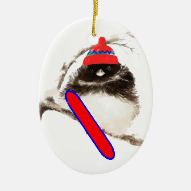 Cute Snowboard Bird in Hat, Christmas Humour, Junc Ceramic Ornament (Front)