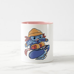 Cute Snowboarding Axolotl – Winter Sports Cartoon Two-Tone Coffee Mug