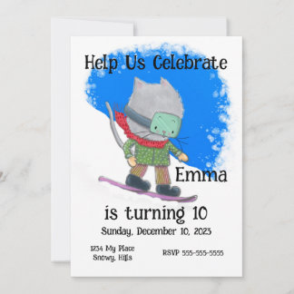 Cute Snowboarding Cat Birthday, Personalize  Invitation