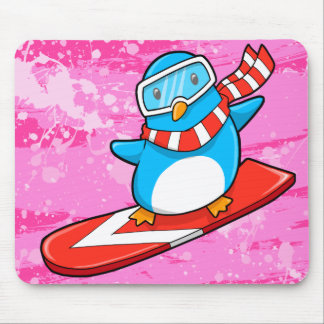 Cute Snowboarding Penguin Mouse Pad
