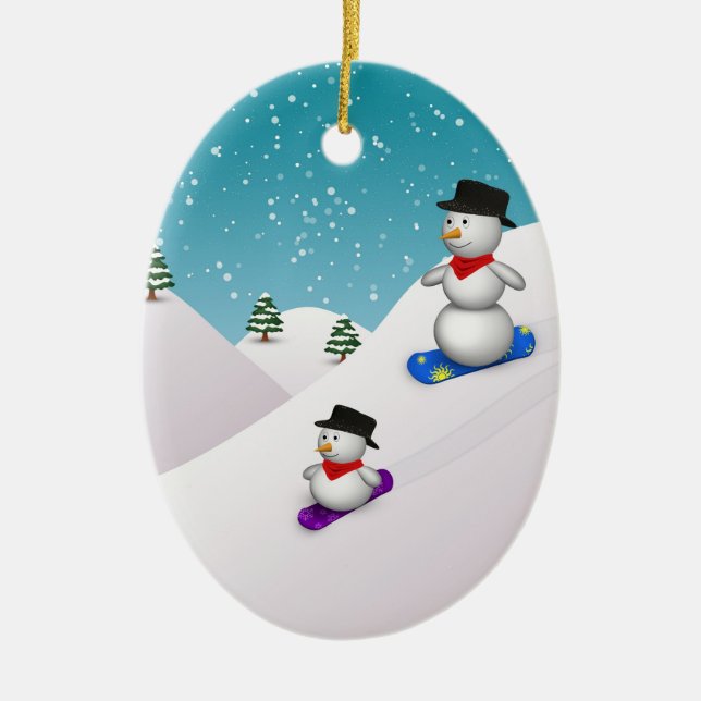 Cute Snowboarding Snowmen Ceramic Ornament (Front)